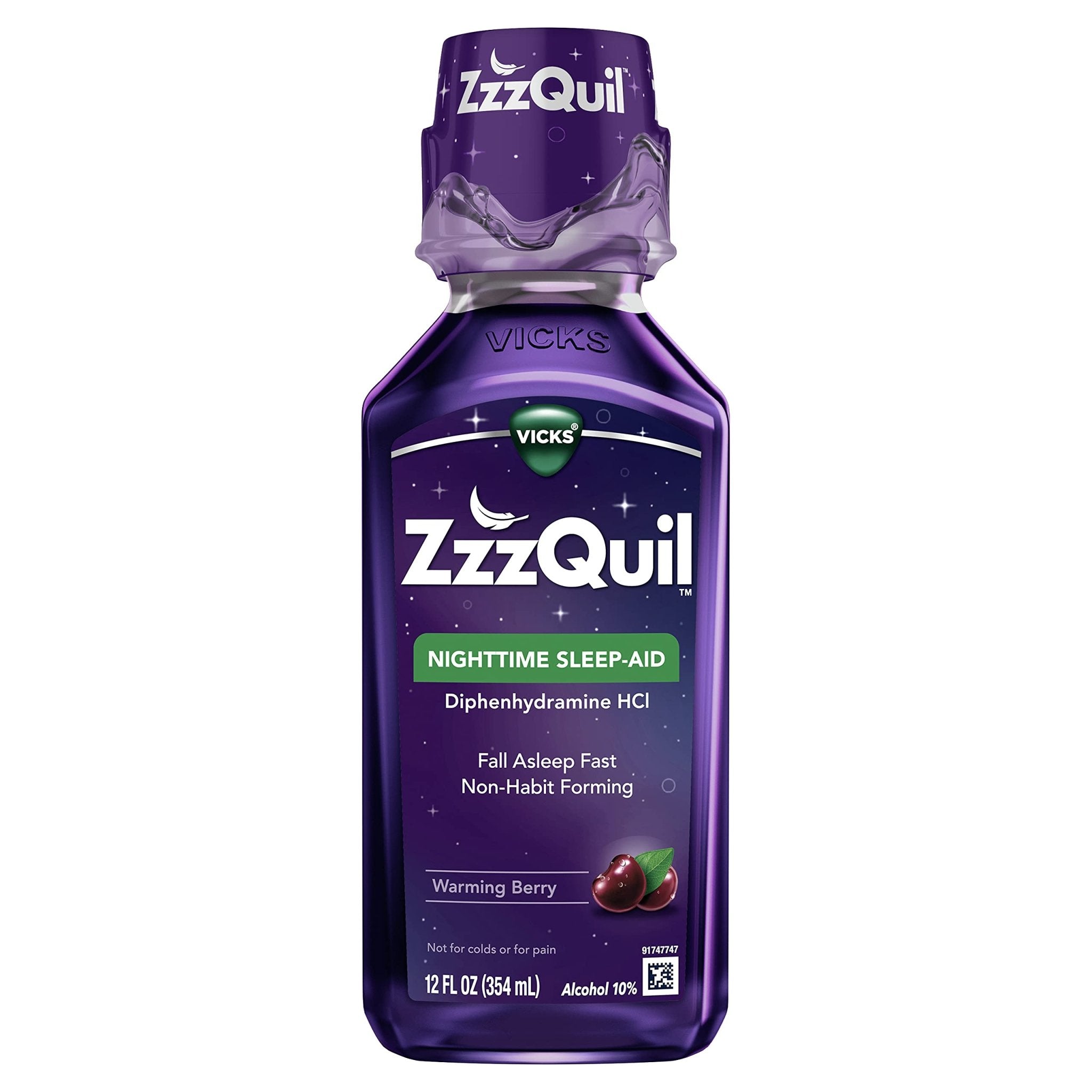 ZzzQuil, Sleep Aid, Nighttime Sleep Aid Liquid, 50 mg Diphenhydramine HCl, Fall Asleep Fast, Non-Habit Forming, Warming Berry Flavor, 12 FL OZ - Maple Wellness Supplements